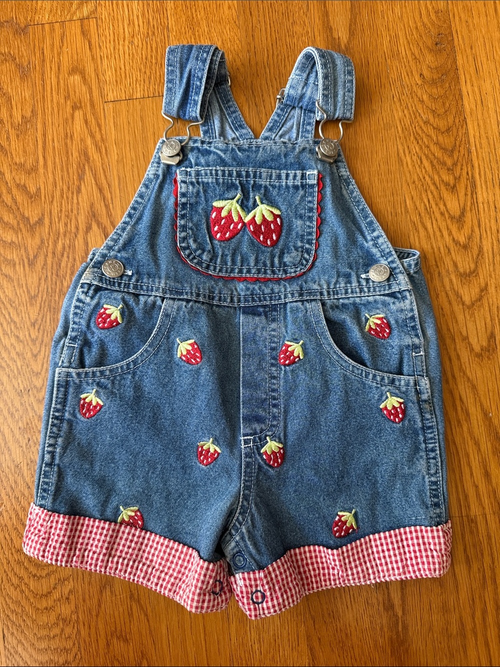 Vintage Strawberry Embroidered Denim Short Overalls 100% Cotton Size 12 Months